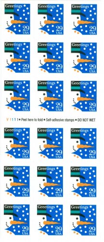 Scott #2793 CHRISTMAS - Snowman 1993 Self-adhesive Booklet stamp sheet 18 x 29¢