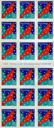Scott #2874 CHRISTMAS - Cardinal in snow, 1994 Self-adhesive Booklet stamp pane of 18 x 29¢
