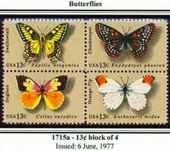 Scott #1715a BUTTERFLIES 1977 block of 4 stamps denominations: 13¢