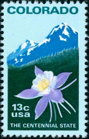 Scott #1711 COLORADO STATEHOOD - Columbine and Rocky Mountains 1977 single stamp denomination: 13¢