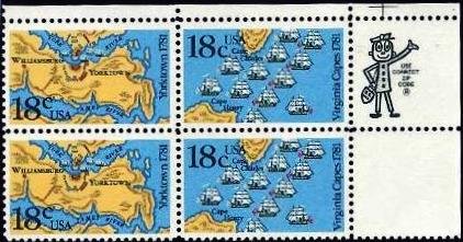 Scott #1938a BATTLE OF YORKTOWN AND VIRGINIA CAPES 1981 block of 4 denomination:18¢