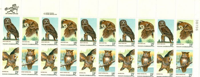 Scott #1763a plate block AMERICAN OWLS 1978 stamp plate block of 20 denomination:15¢