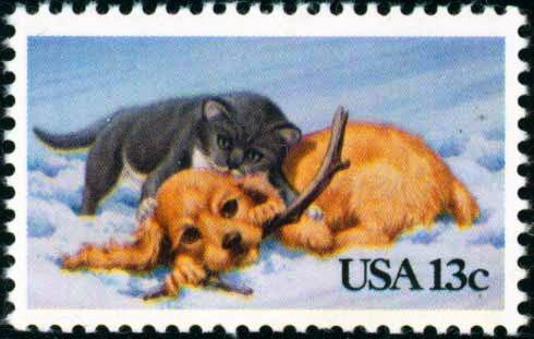 Scott #2025 CHRISTMAS - Cat and dog 1982 single stamp denomination: 13¢