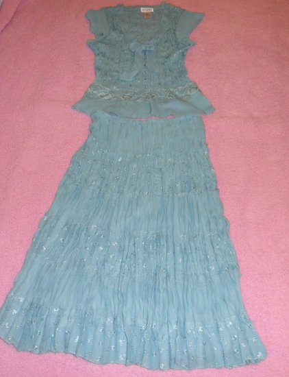 Women's Alison Taylor Light Blue Green Shirt and Skirt Outfit size Medium