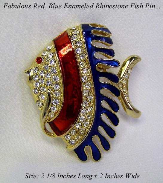 FAB RED & BLUE ENAMELED RHINESTONE TROPICAL FISH PIN