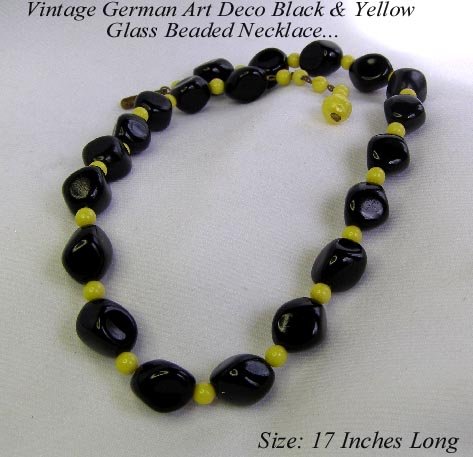 OLD ART DECO GERMAN GLASS BEADED NECKLACE BLACK YELLOW