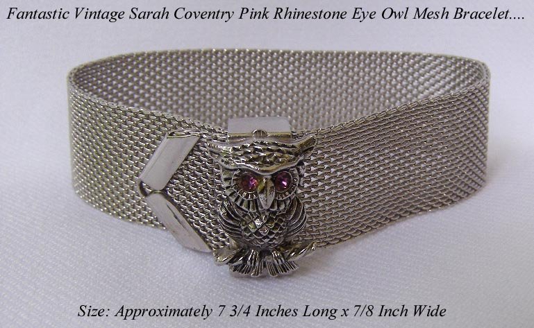 SARAH COVENTRY PINK RHINESTONE SILVER MESH OWL BRACELET