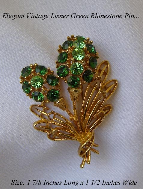 FAB VINTAGE LISNER EMERALD GREEN RHINESTONE FLOWER PIN