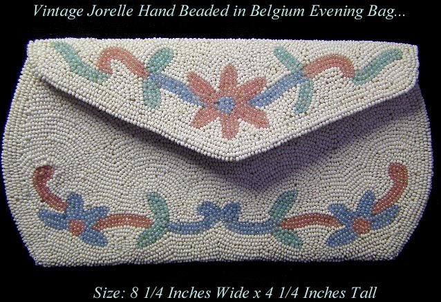 VINTAGE BELGIUM BEADED SATIN EVENING PURSE BAG WHITE