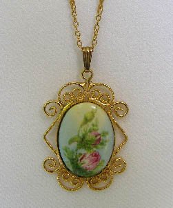 Vintage Porcelain Painted Rose Pendant Necklace