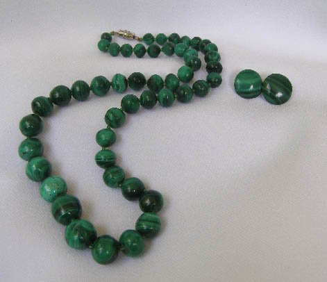 Vintage Malachite Stone Bead Necklace & Earrings