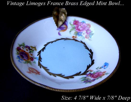 VINTAGE LIMOGES FLOWER BRASS TRIM MINT BOWL BLUE GOLD