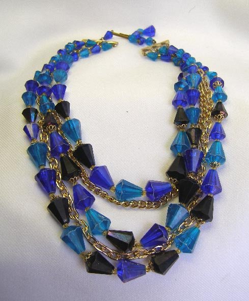 Vintage Germany 5 Row Black Blue Beaded Necklace Wowza!