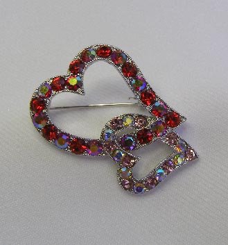Red & Pink Rhinestones Interlocking Hearts Brooch