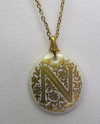 Avon Enameled Letter N Porcelain Pendant & Necklace