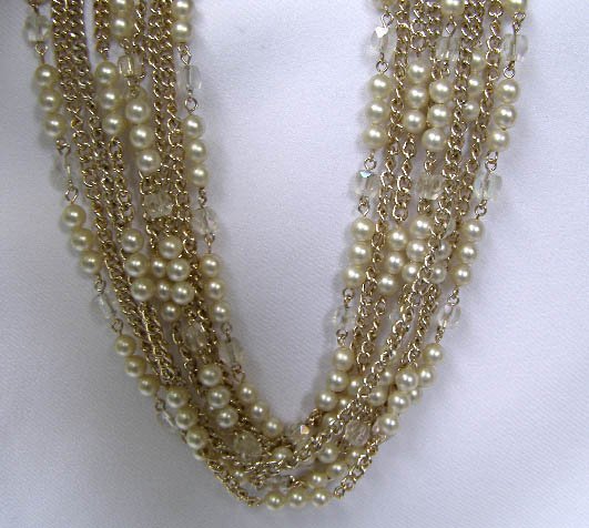 Vintage 5 Strand Faux Pearl, AB Bead Goldtone Necklace