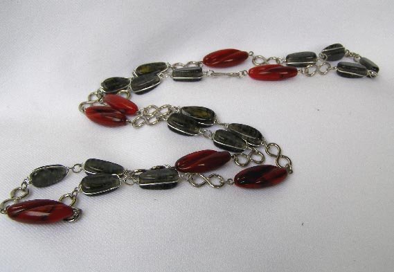 Vintage Faux Agate Red Scarlet & Gray 24 Inch Necklace