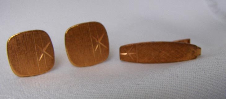 Circa 1960 Modernist Copper Cufflinks & Tie Clasp Set