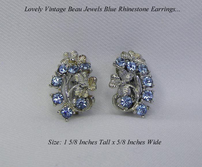 OLD BLUE RHINESTONE CLOVER BEAU JEWELS EARRINGS - CLIP