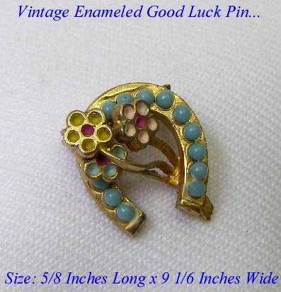 DARLING LATE VICTORIAN ENAMELED GOOD LUCK HORSESHOE PIN