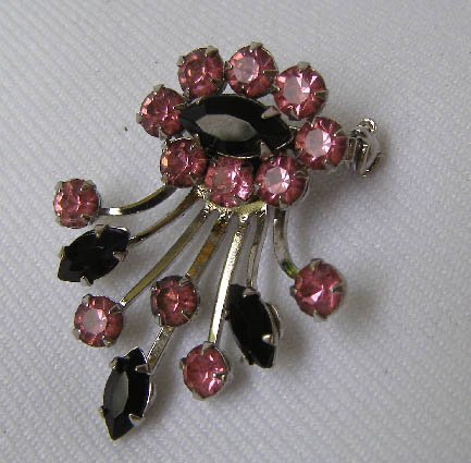 Vintage Black & Pink Rhinestone Brooch