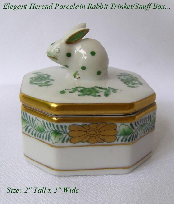 HEREND HUNGARY PORCELAIN GREEN RABBIT TRINKET SNUFF BOX