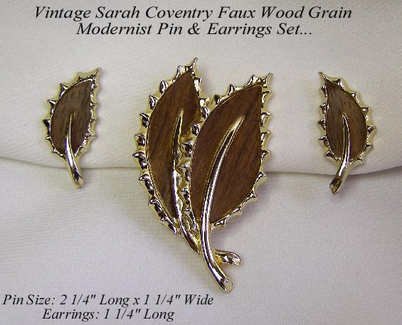 SARAH COVENTRY WOOD GRAIN MODERNIST LEAF PIN & EARRINGS
