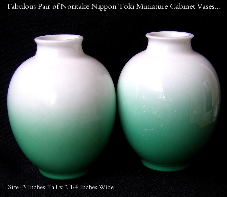 2 EARLY NORITAKE JAPAN NIPPON TOKI CABINET VASES GREEN