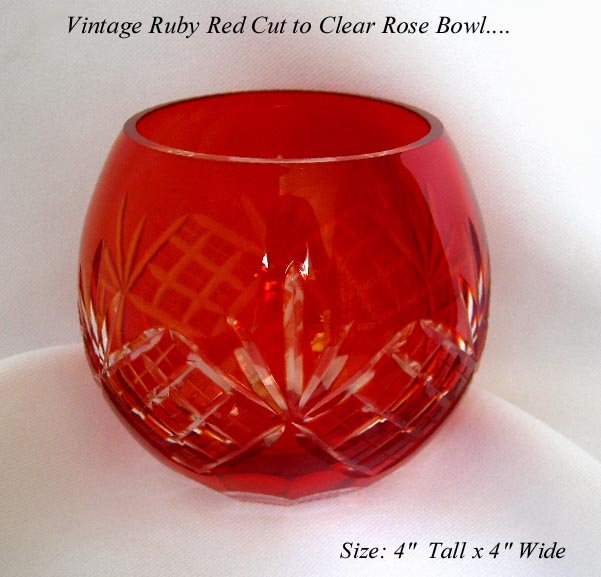 VINTAGE BOHEMIAN RUBY RED CUT TO CLEAR ROSE BOWL