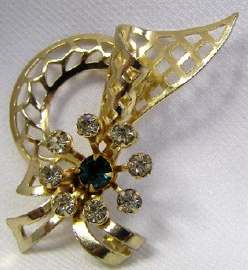 Vintage Crystal & Green Rhinestone Brooch Pin