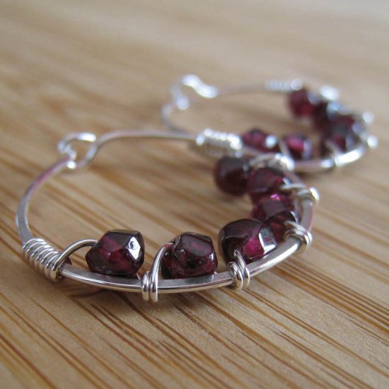Garnet Hoop Earrings Sterling Silver