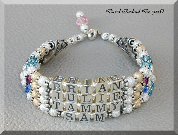 4 Strand Name Custom Mothers Gift Baby Name Bracelet Crystal Bali Gold Silver Jewelry
