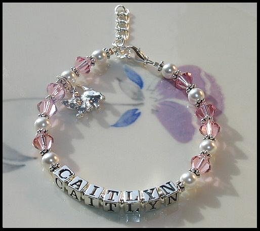 Custom Girls Baby Name Charm Bracelet Swarovski Crystal and Sterling Silver