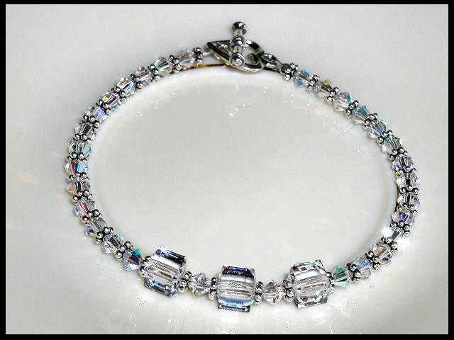 SWAROVSKI Clear AB Crystal Cube Bracelet Bali Silver Accents