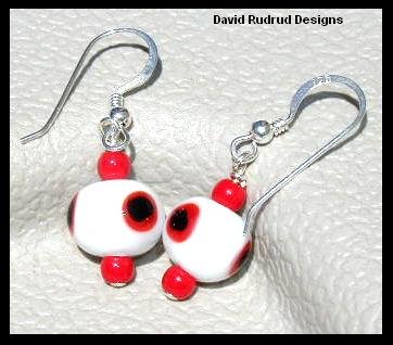 SPECIAL! Free S/H Colorful Red White Black Dot Lampwork Drop Earrings Sterling Silver