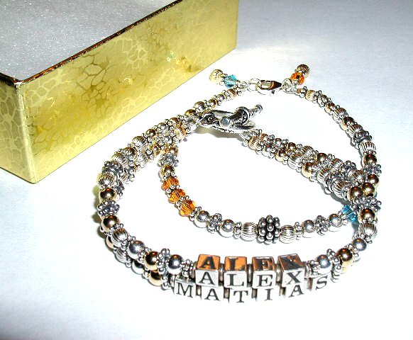 MOTHERS GIFT - Two 2 Name Mothers Name Bracelet Bali Gold Silver Crystal