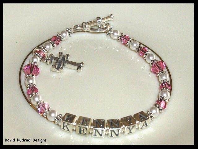 Girls Birthstone Baptisim Dedication Name Bracelet Gift Crystal Cross and Sterling Silver Jewelry
