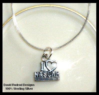 Solid Sterling Silver I LOVE NASCAR Charm Necklace 18 In.