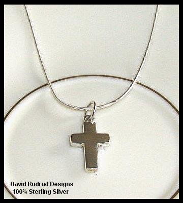 Solid Sterling Silver BLOCK CROSS Charm Necklace 18 In.