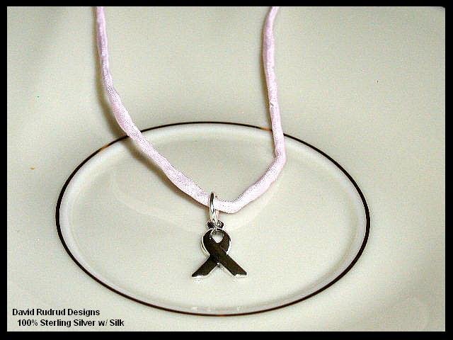 Pink Silk and Sterling BREAST CANCER AWARENESS Necklace 20 Inches