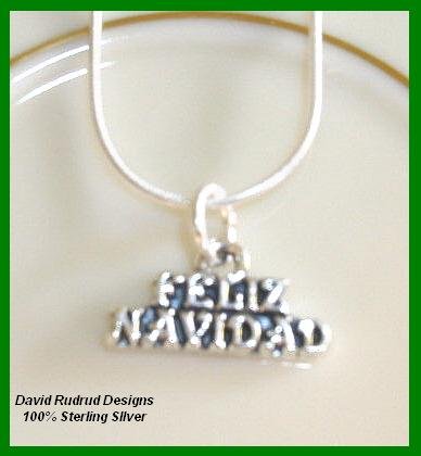 Solid Sterling Silver FELIZ NAVIDAD CHRISTMAS Charm Necklace 18 Inches
