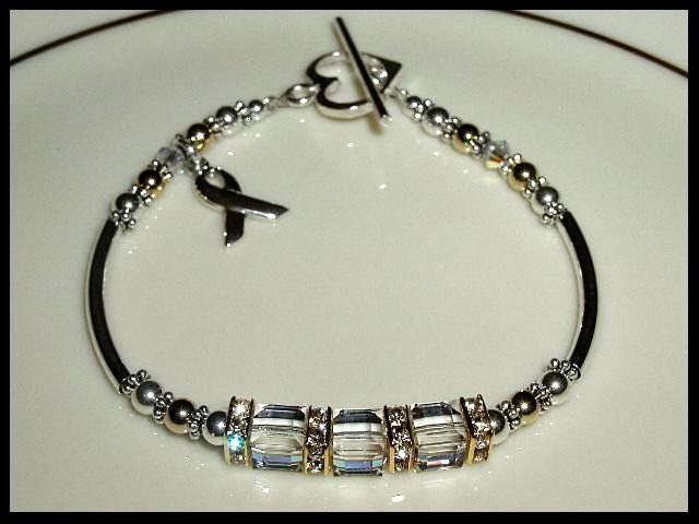 Swarovski Crystal Cube LUNG CANCER Awareness Bracelet Sterling Gold