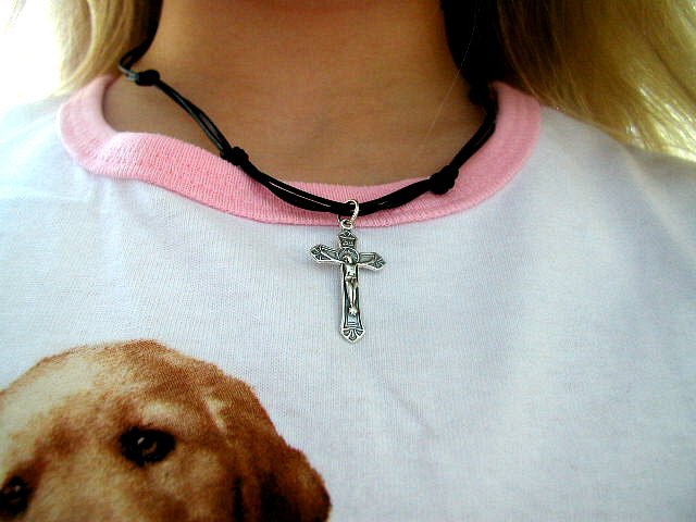 BOYS GIRLS 1st First Communion Knotted Black Leather Necklace with Crucifix