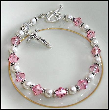 1st Communion Rosary Bracelet ~ Crucifix, Sterling Silver, Crystal and Pearl First Holy Communion