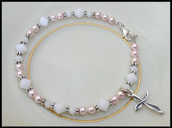1st First Communion Gift Girls Pink White Cross Bracelet Crystal Pearl