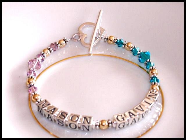 MOTHERS GIFT - Gold with BIRTHSTONE Two Name Mothers Name Bracelet Sterling Swarovski Crystal