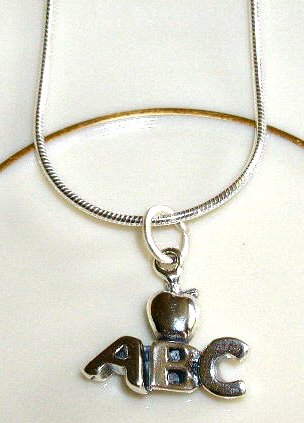 Solid Sterling Silver TEACHER Gift ABC APPLE Charm Necklace