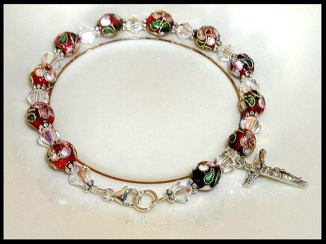 Boutique CLOISONNE and Swarovski CRYSTAL CATHOLIC ROSARY BRACELET Sterling Crucifix Lobster Clasp
