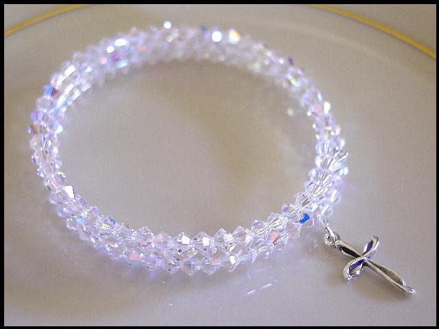 Sterling CROSS SWAROVSKI CLEAR AB 3 Strand Crystal Wrap Bracelet