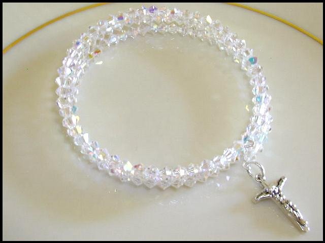Sterling CRUCIFIX SWAROVSKI CLEAR AB 3 Strand Crystal Wrap Bracelet